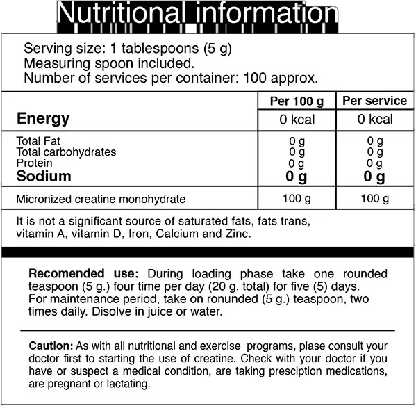 Tabla nutricional de CREATINA IRON SIN SABOR, 100 servicios