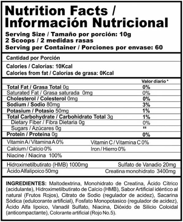 Tabla nutricional de CREATINA CREASTACK RED BERRIES, 60 servicios