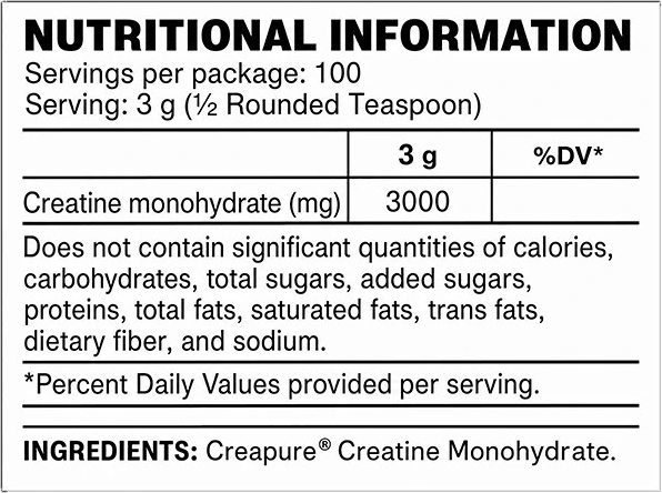 Tabla nutricional de CREATINA ON CREAPURE SIN SABOR, 60 servicios